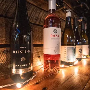 a row of bottles of wine