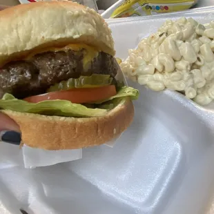 a hamburger and macaroni salad