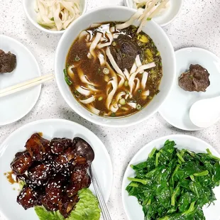 Spare Rib, Sautéed Pea Shoots, and Beef Noodle Soup