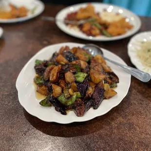 Fried Eggplant, potatoes, and Green Peppers!