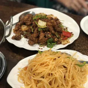 Fried Lamb with Cumin  (top) and Shredded Potatoes (bottom)