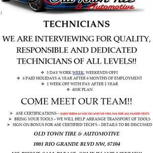 Looking to work in the Auto Repair industry? We&apos;re hiring! Looking for Technicians of all levels! Send your resume to oldtownauto3@gmail.com