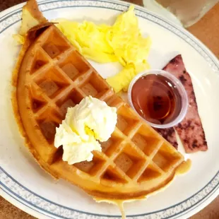 Half Old Town Waffle with egg and ham from the kid's menu.