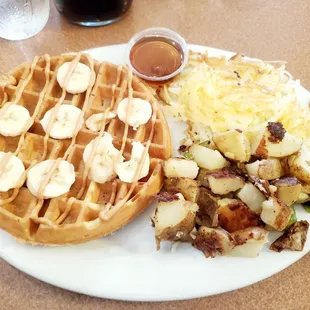 Customized Peanut Butter and Waffle Combo with country potatoes &amp; hash browns. Absolutely delicious!