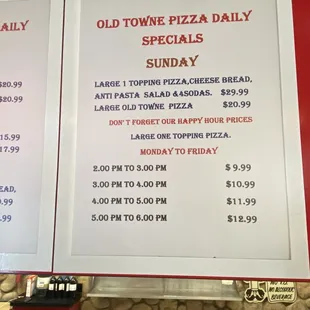 a menu for the old towne pizza daily specials
