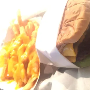 a hamburger and fries