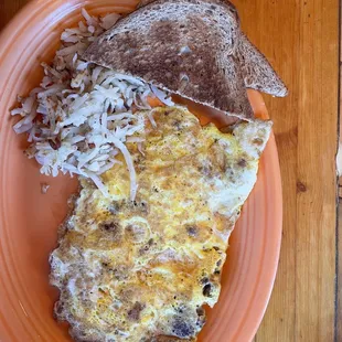 Cheese Omelette with Sausage, Wheat Toast and Hash-browns
