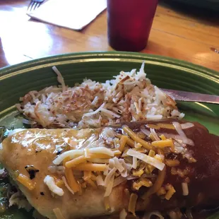 Breakfast burrito (no eggs) Christmas style w/hashbrowns