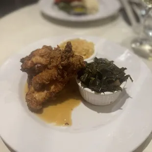 24 hour Brian fried chicken with gravy and collards and mac &amp; cheese