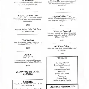 Our lunch menu, the sandwich side