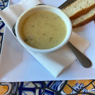 Broccoli Potato Cheddar Soup. Outstanding, order a bowl, we wished we had.