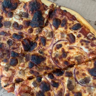 Burnt pizza.