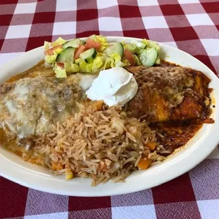 Smothered Burrito (chicken,pork,beef or asada) with side salad and rice.