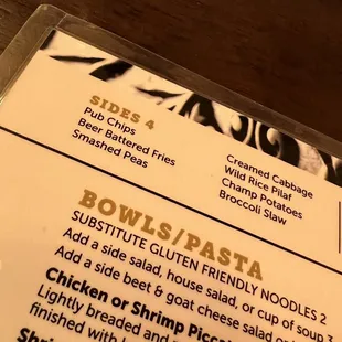 a menu for a bowl of pasta