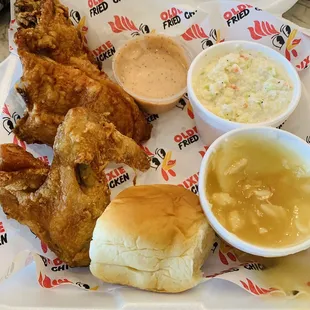 Two piece meal with mashed potatoes, coleslaw, and Dixie sauce