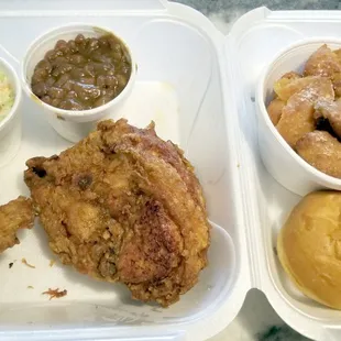 2 piece white breast and wing with b beans and coleslaw, fried corn and dinner roll