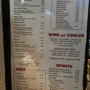 the menu for the wine and cooler
