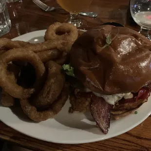 tavern burger with bacon and onion rings