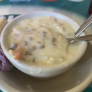 Cream of Chicken and wild rice, creamy savory comfort food, tried a cup at breakfast....full bowl next time!!!