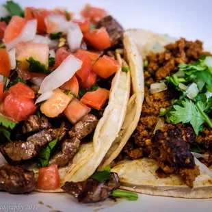 Steak and Chorizo tacos from Taquitos Truck (outside of the market).  Thursday is $2 Tacos day.