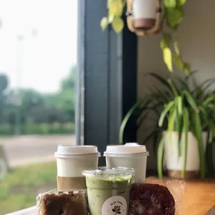 coffees, iced matcha latte, pastries