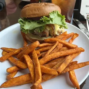 Grilled chicken sandwich with sweet potatoes fries
