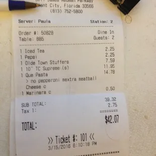 My check! Charged extra money for the marinara sauce.  Server don&apos;&apos;t tell me that I would be charged for it.