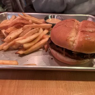 Animal Burger with fries