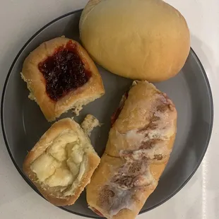 Raspberry Kolache, Fruit and Cream Cheese Strudel, Chicken Fajita Empanada, and a Cream Cheese Kolache