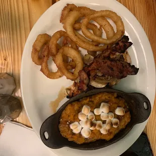 Onion rings, sweet potato mash, Chicken and cheese with bacon