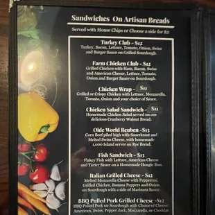Menu sandwiches