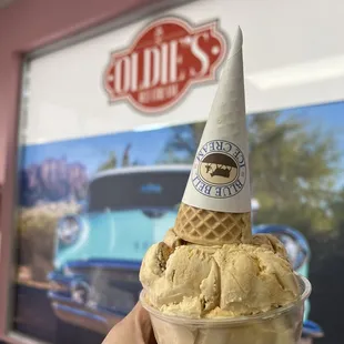 Salted Caramel Ice Cream with party hat (Sugar Cone on top)