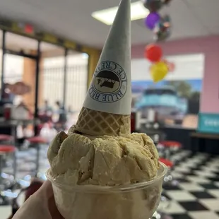 Salted Caramel Ice Cream with a party hat (sugar cone on top)