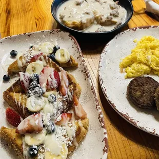 Red white and blue pancakes, biscuits with sausage gravy