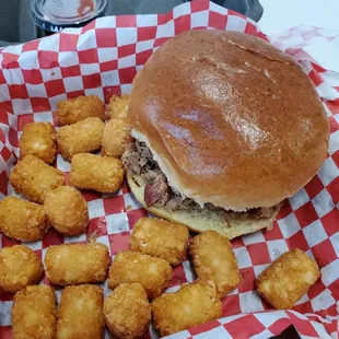 Pulled BBQ Pork Sandwich, side of tator tots