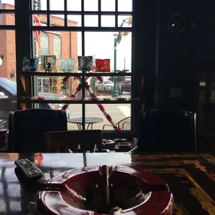 a view of a street through a window