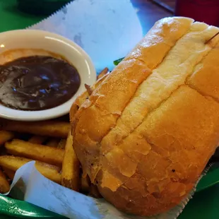 Roast beef hoagie, fries, and gravy