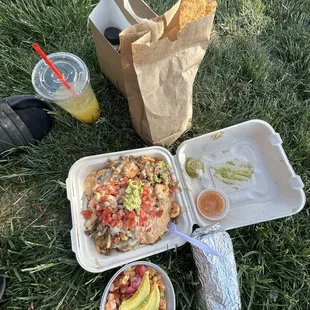 Loaded fries, carne asada burrito, spicy ceviche w/ chips