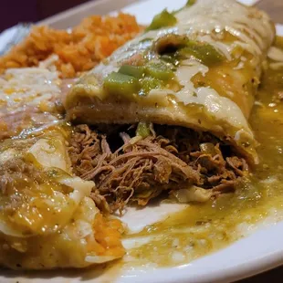 Shredded beef burrow with literally the best Verde sauce. We agreed this is the best green sauce