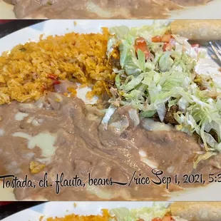 Tostada, chicken flauta, beans &amp; rice