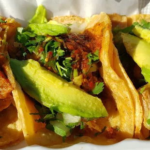 Variety of vegan tacos w/seitan, soyrizo &amp; something else. All. Were fine but unmemorable. The soyrizo was the best.