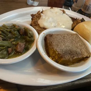 Country fried chicken, sweet potato soufflé, green beans