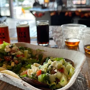 Beer flight, tacos, bourbon and whiskey