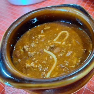 Chili with some spaghetti noodles during the breakfast buffet