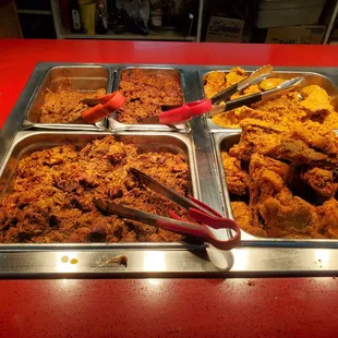 Buffet - pulled pork in front, chipped pork and chipped mutton behind, fried chicken