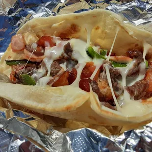 Suizo (Crispy Bacon, Ham, Beef, Melted Mozzarella &amp; Grilled Poblano Peppers) Flour Tortilla