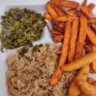 Large bbq pork plate with collard greens and sweet potato fries, $11.90 (including tax)