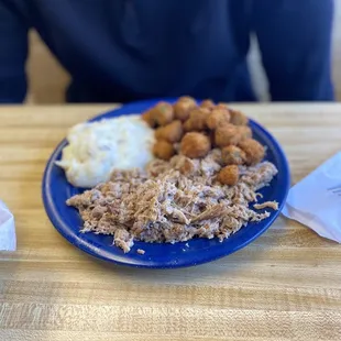 Chopped Barbecue Plate with Fried Okra and Mashed Potatoes