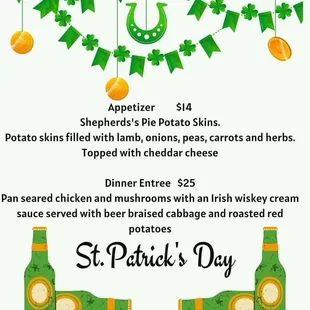 Irish dinner menu. Limited time special.