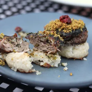 Vermont Quail Kebob ($16) Baharat Spice, Barberries, Pistachio. Super delicious. Serving is small so it&apos;s not overwhelming.